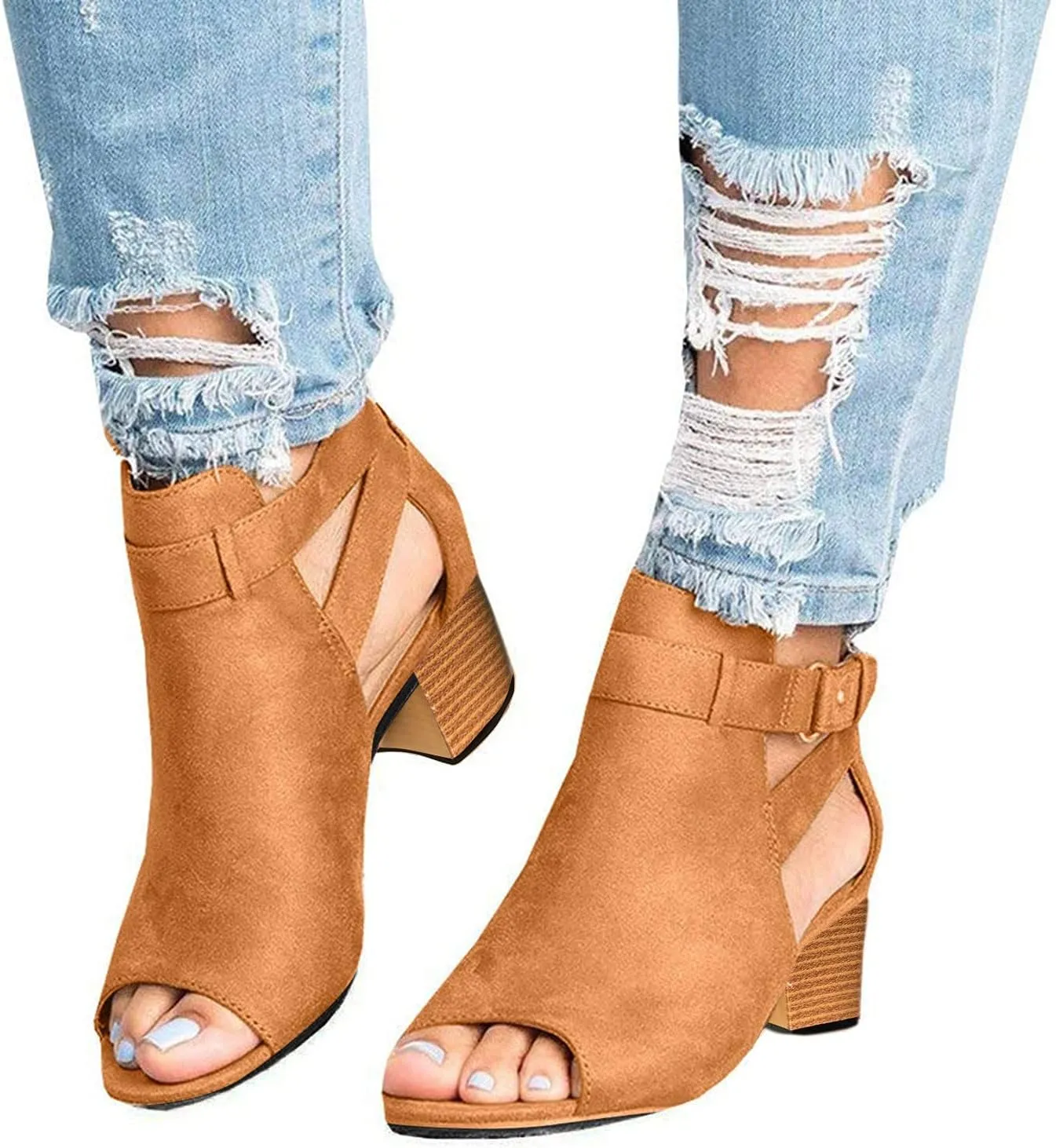 Cathalem Walking Sandals for Women, Womens Platform Sandals Suede Peep Toe Ankle Booties slip on Stacked Block Heel Ankle Sandals