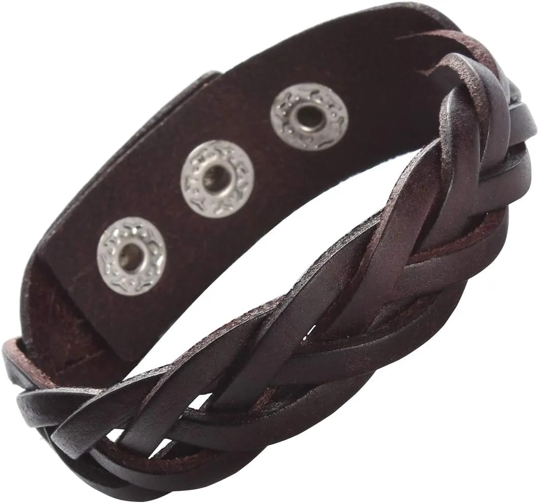 CCBFY Genuine Leather Bracelet Braided Sporty Wide Wristband Punk Jewelry for Men Women