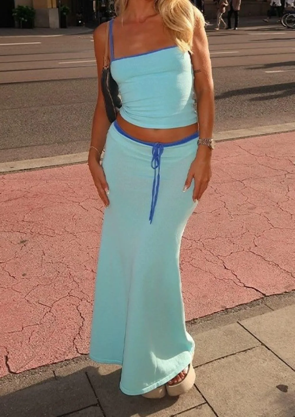 CHARTOU Women Summer Y2k Contrast Color Two Pieces Outfits Spaghetti Strap Crop Top and Low Waist Maxi Skirt Sets