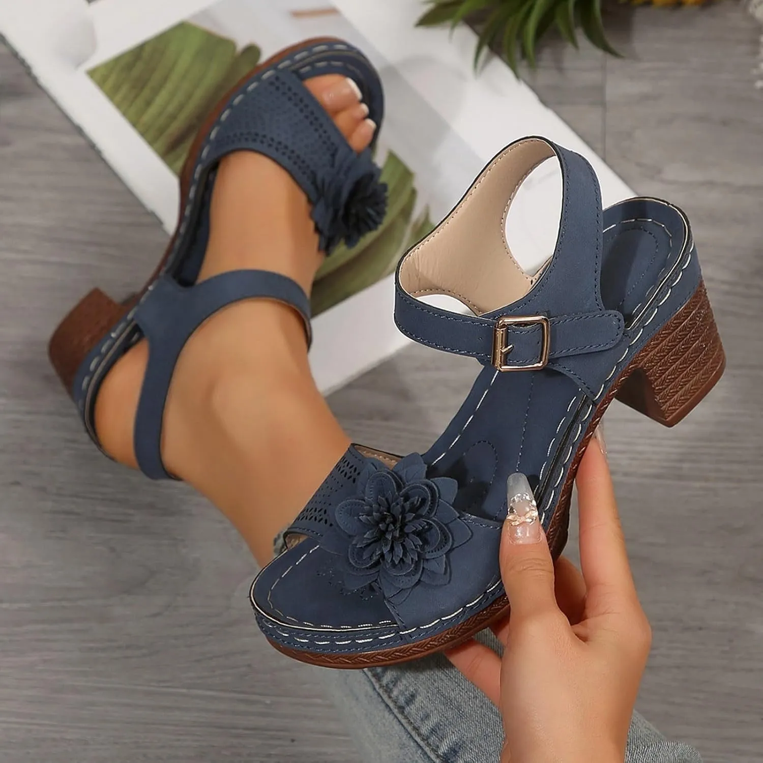 Chic Flowers Chunky Block Heels for Womens Bohemia Ankle Strap Platform Wedge Sandals Hollow Out Leather Sandals Work Office Dress Shoes