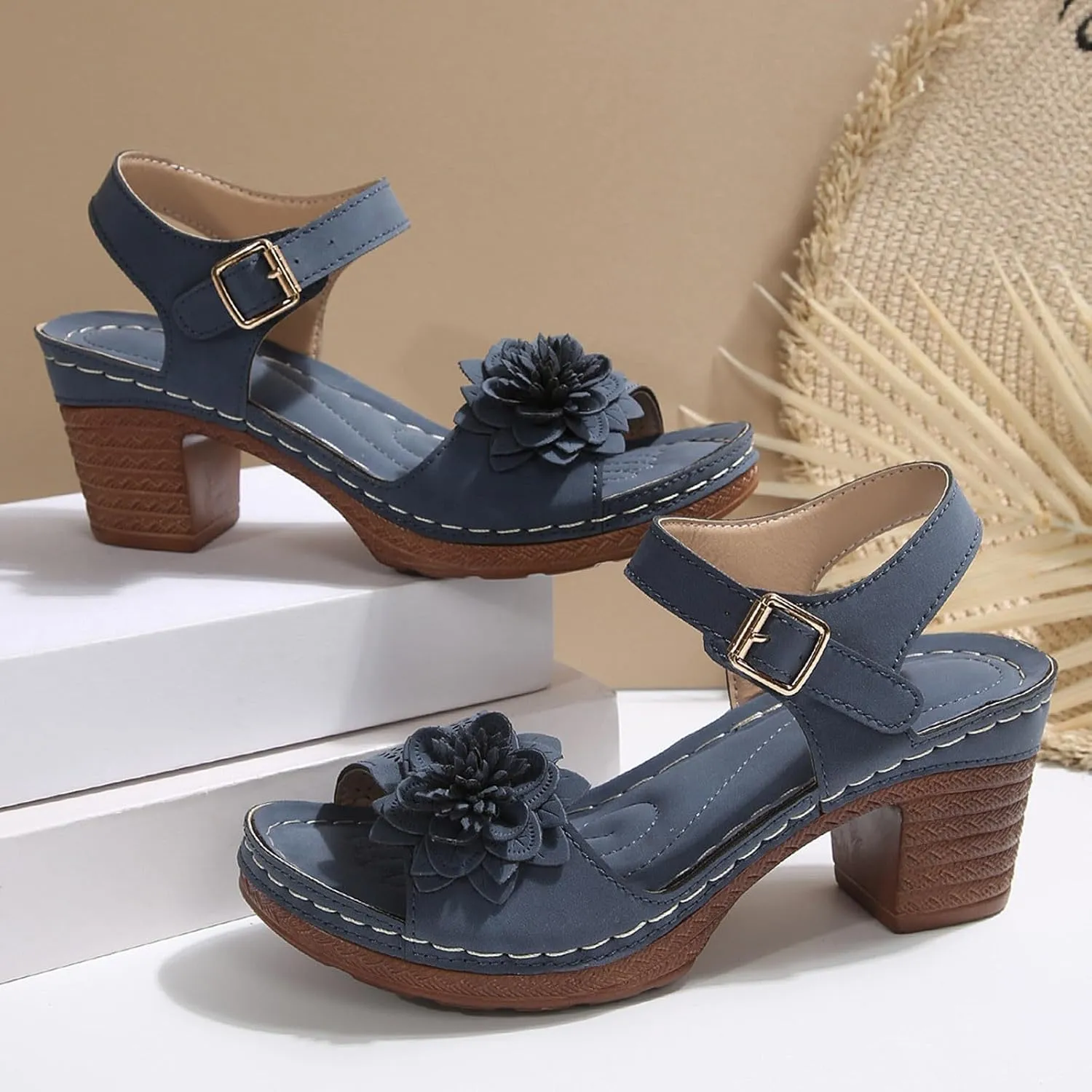 Chic Flowers Chunky Block Heels for Womens Bohemia Ankle Strap Platform Wedge Sandals Hollow Out Leather Sandals Work Office Dress Shoes