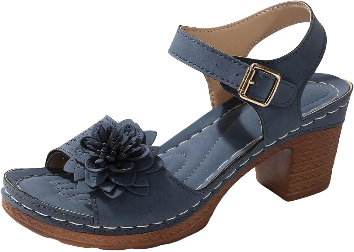 Chic Flowers Chunky Block Heels for Womens Bohemia Ankle Strap Platform Wedge Sandals Hollow Out Leather Sandals Work Office Dress Shoes