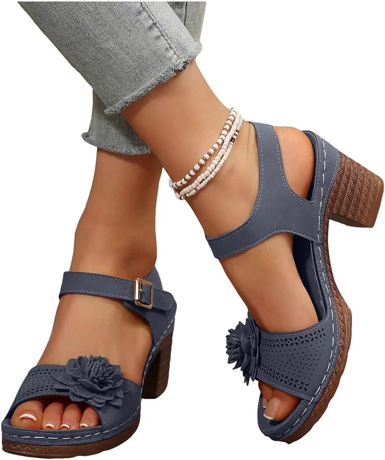 Chic Flowers Chunky Block Heels for Womens Bohemia Ankle Strap Platform Wedge Sandals Hollow Out Leather Sandals Work Office Dress Shoes