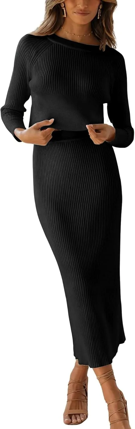 chouyatou Women's Ribbed Sweater Sets Crop Top and Maxi Bodycon Skirt Sets 2 Piece Outfits