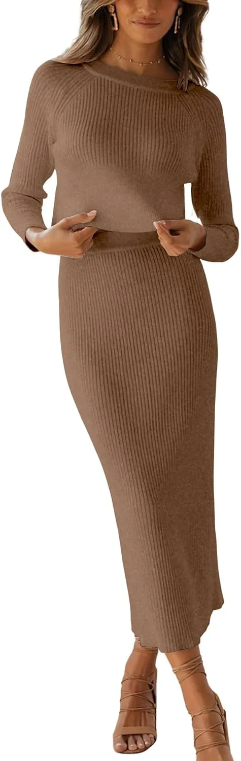 chouyatou Women's Ribbed Sweater Sets Crop Top and Maxi Bodycon Skirt Sets 2 Piece Outfits