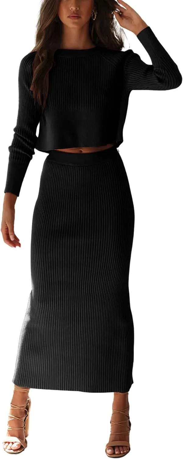 chouyatou Women's Ribbed Sweater Sets Crop Top and Maxi Bodycon Skirt Sets 2 Piece Outfits