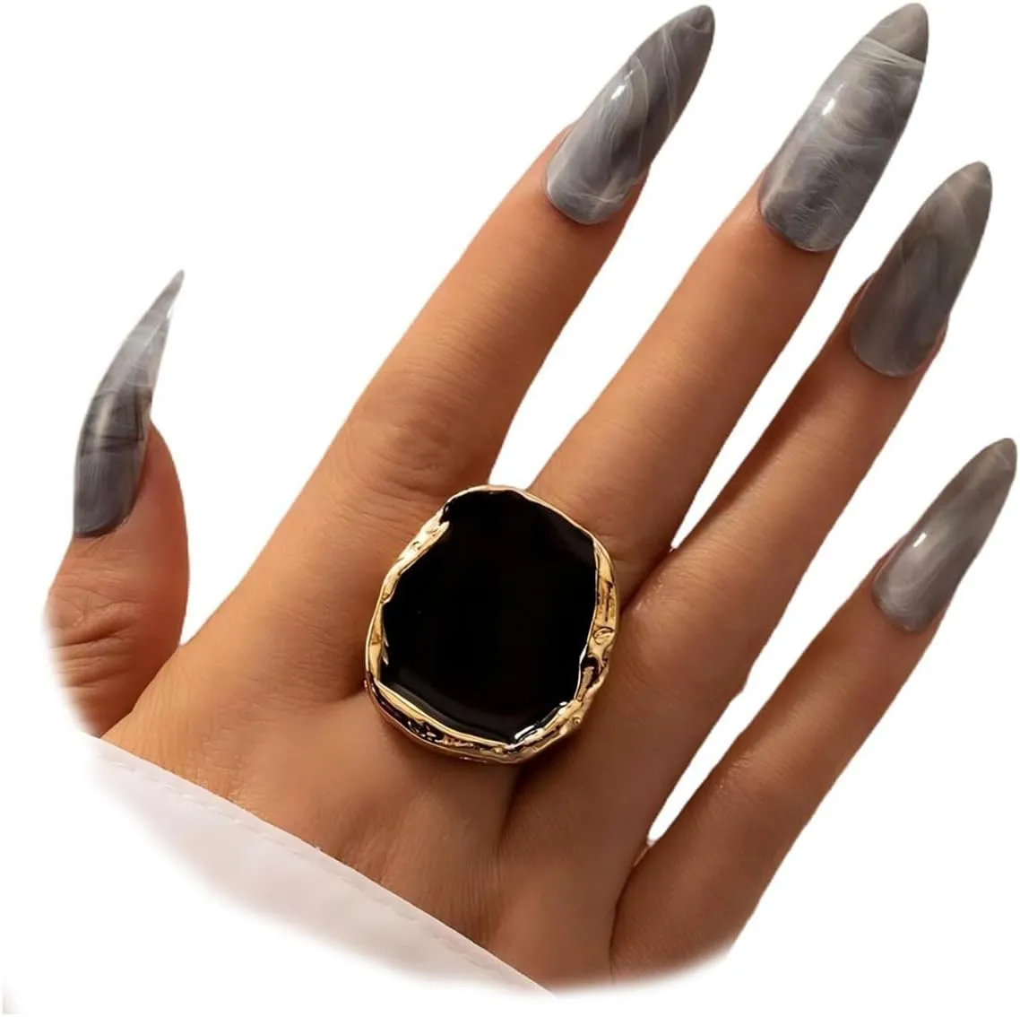 Chunky Gold Big Black CZ Enamel Drip Rings for Women Statement, Unique Large Crystal Silver Cocktail Ring Set Punk Geometric Jewelry Accessories Gifts
