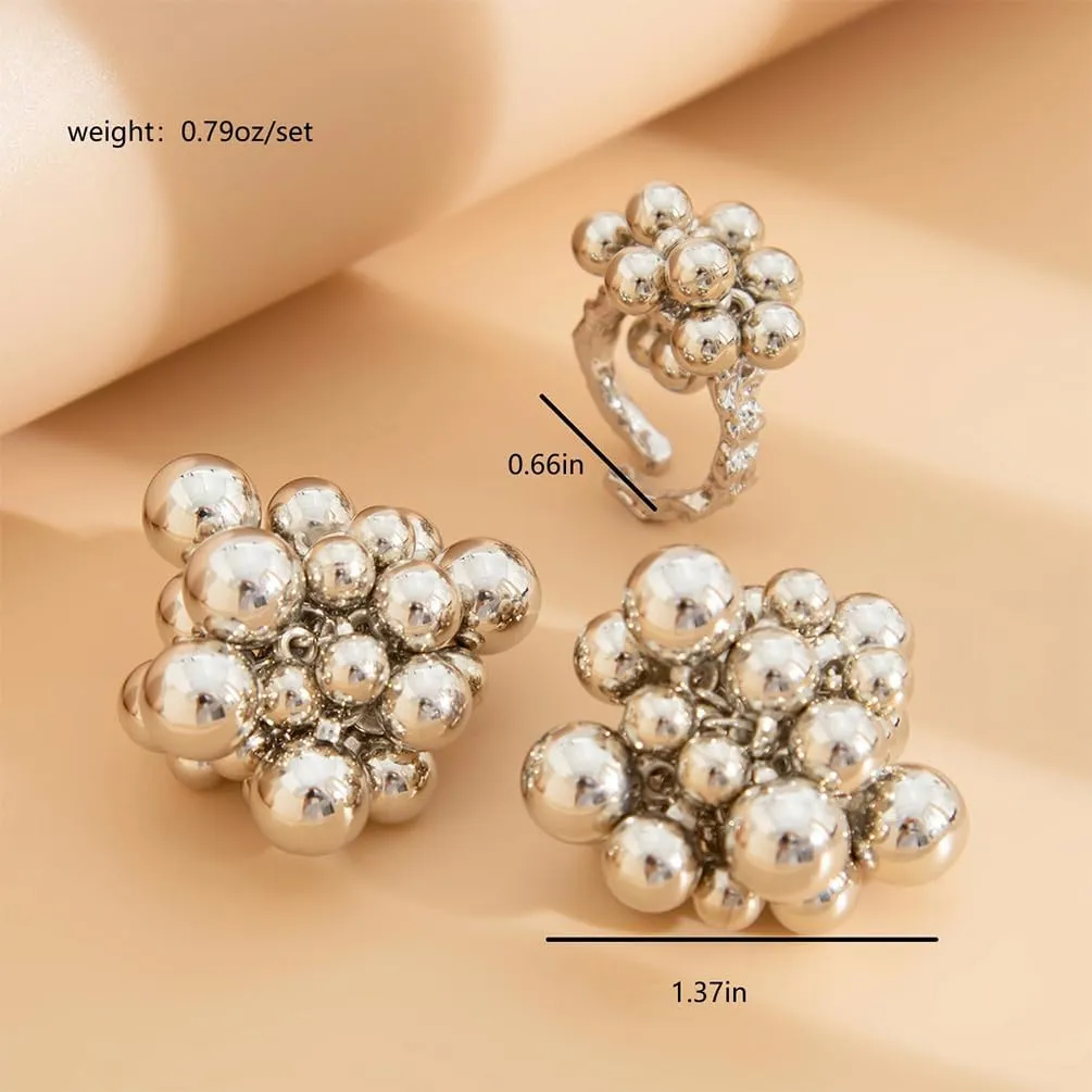 Chunky Gold Cluster Beads Jewelry Set for Women Vintage Geometric Formal Beaded Dangle Earrings Fashion Irregular Round Balls Open Knuckle Rings Sets