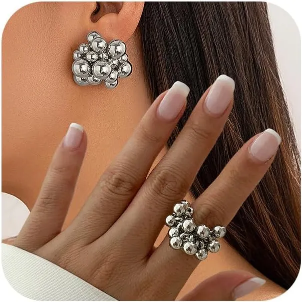 Chunky Gold Cluster Beads Jewelry Set for Women Vintage Geometric Formal Beaded Dangle Earrings Fashion Irregular Round Balls Open Knuckle Rings Sets