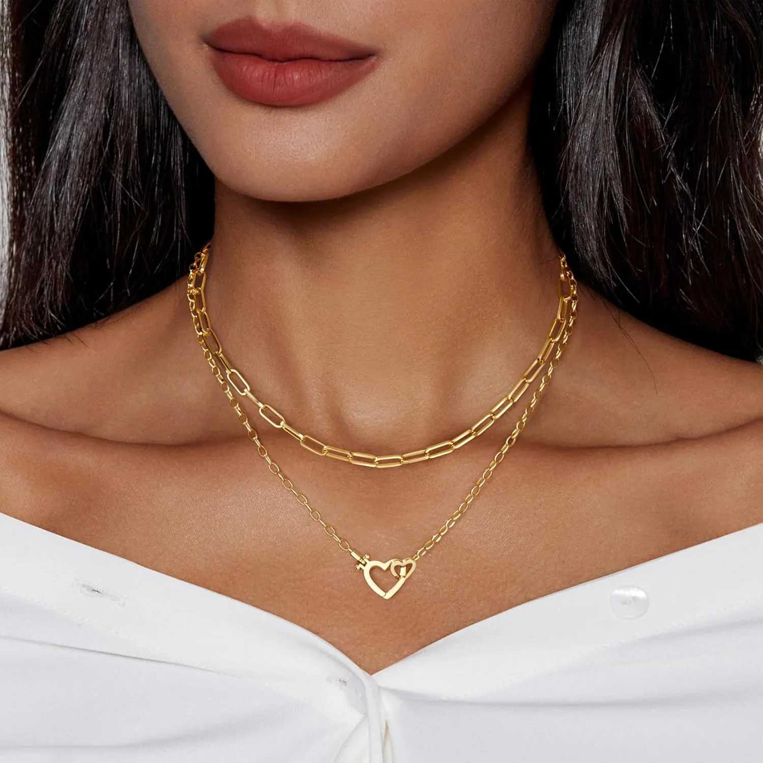 Chunky Gold Necklaces for Women Layered 14k Gold Silver Plated Heart Pearl Pendant Choker Necklace Trendy Dainty Stacked Paperclip Cuban Chain Simple Jewelry Valentine's Day Gifts Set