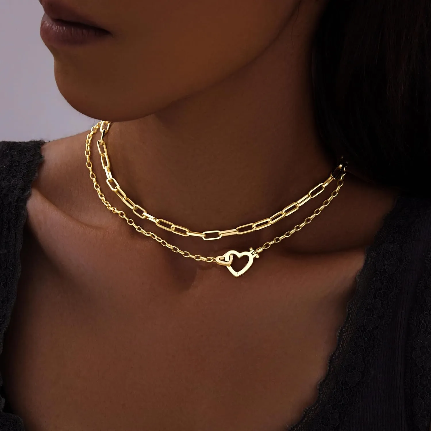 Chunky Gold Necklaces for Women Layered 14k Gold Silver Plated Heart Pearl Pendant Choker Necklace Trendy Dainty Stacked Paperclip Cuban Chain Simple Jewelry Valentine's Day Gifts Set