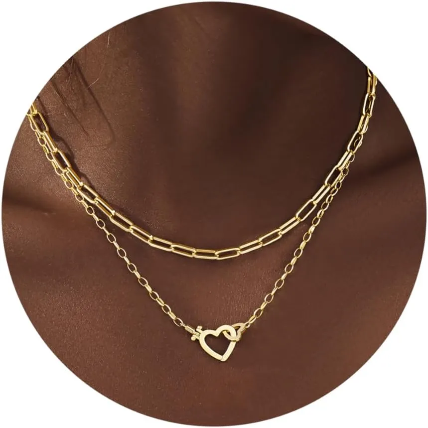 Chunky Gold Necklaces for Women Layered 14k Gold Silver Plated Heart Pearl Pendant Choker Necklace Trendy Dainty Stacked Paperclip Cuban Chain Simple Jewelry Valentine's Day Gifts Set