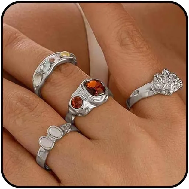 Chunky Gold Rhinestone Knuckle Rings Set for Women Stackable Silver Liquid Statement Rings Dainty Irregular Geometric CZ Rings Jewelry Accessories