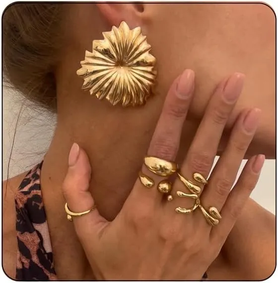 Chunky Gold Rings Set for Women,Vintage Statement Stackable Ring Geometry Knuckle Rings Irregular Fashion Rings Jewelry