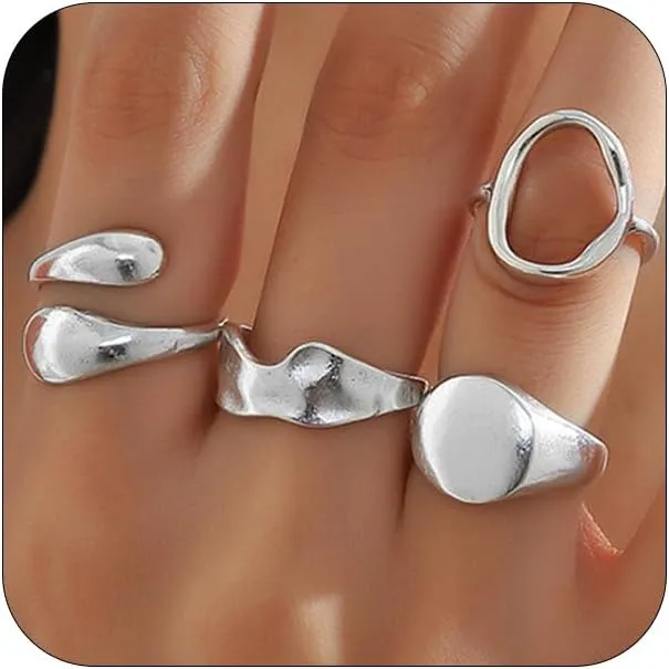 Chunky Gold Stackable Geometric Open Rings Set Vintage Hollow Oval Dome Rings for Women Personalized Irregular Teardrop Knuckle Finger Hip Hop Jewelry