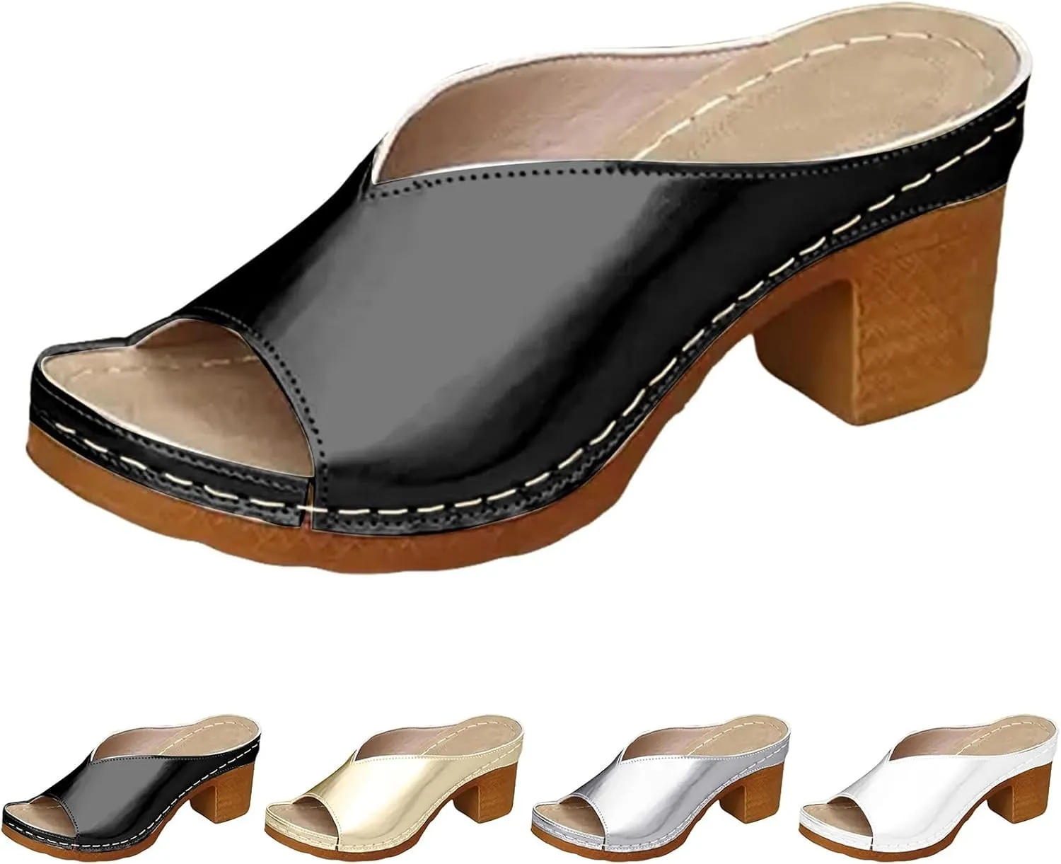 Chunky Heel Sandals for Women Summer Arch Support Orthopedic Sandals, Casual Comfortable Slip On Wedges Open Toe Slides Dressy Bridal Party Wedding Shoes