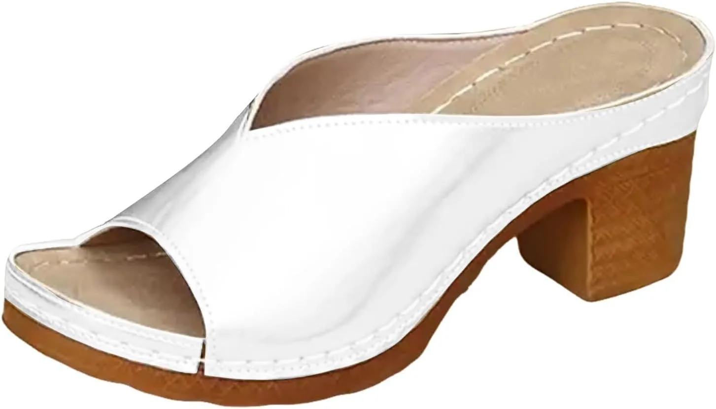 Chunky Heel Sandals for Women Summer Arch Support Orthopedic Sandals, Casual Comfortable Slip On Wedges Open Toe Slides Dressy Bridal Party Wedding Shoes