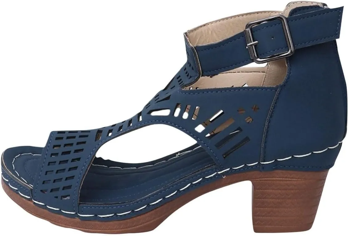Chunky Heeled Sandals for Womens Bohemian Cutout Open Toe Ankle Strap Closed Back Summer Block Heeled Party Sandals Boots
