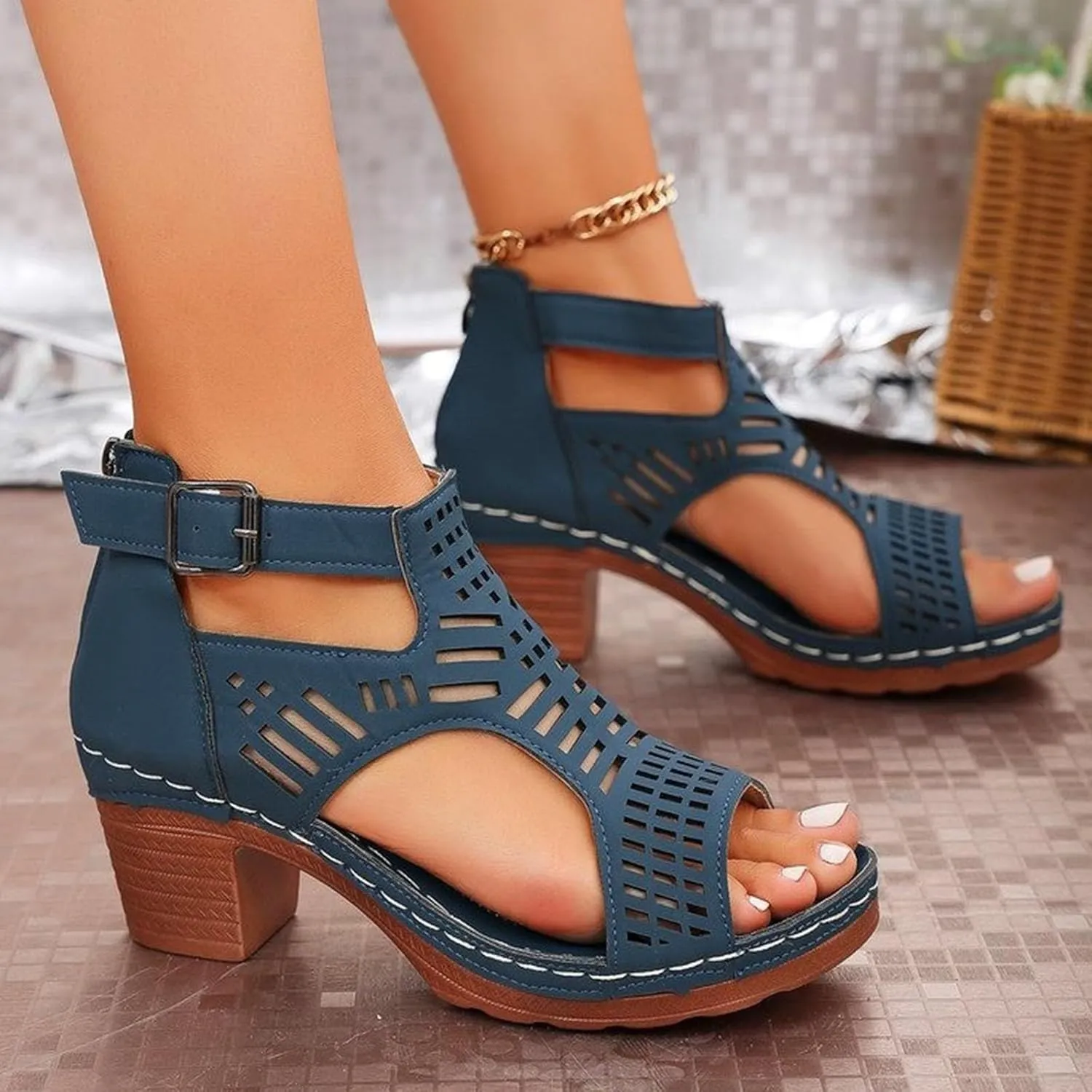 Chunky Heeled Sandals for Womens Bohemian Cutout Open Toe Ankle Strap Closed Back Summer Block Heeled Party Sandals Boots