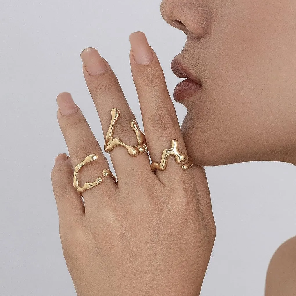 Chunky Silver Liquid Stackable Knuckle Rings Set for Women, Dainty 14K Gold Geometric Melting Statement Open Rings Trendy Irregular Finger Jewelry