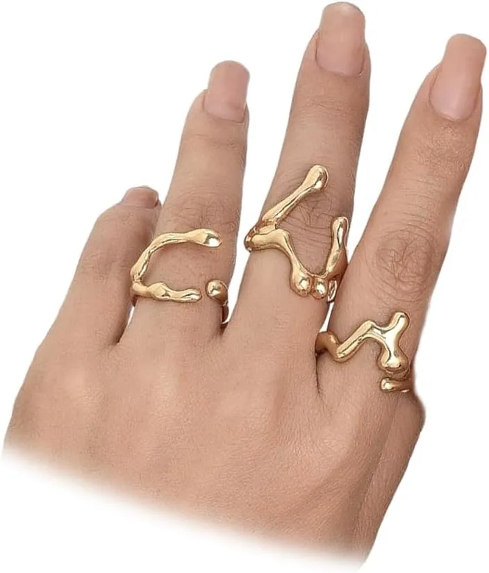 Chunky Silver Liquid Stackable Knuckle Rings Set for Women, Dainty 14K Gold Geometric Melting Statement Open Rings Trendy Irregular Finger Jewelry