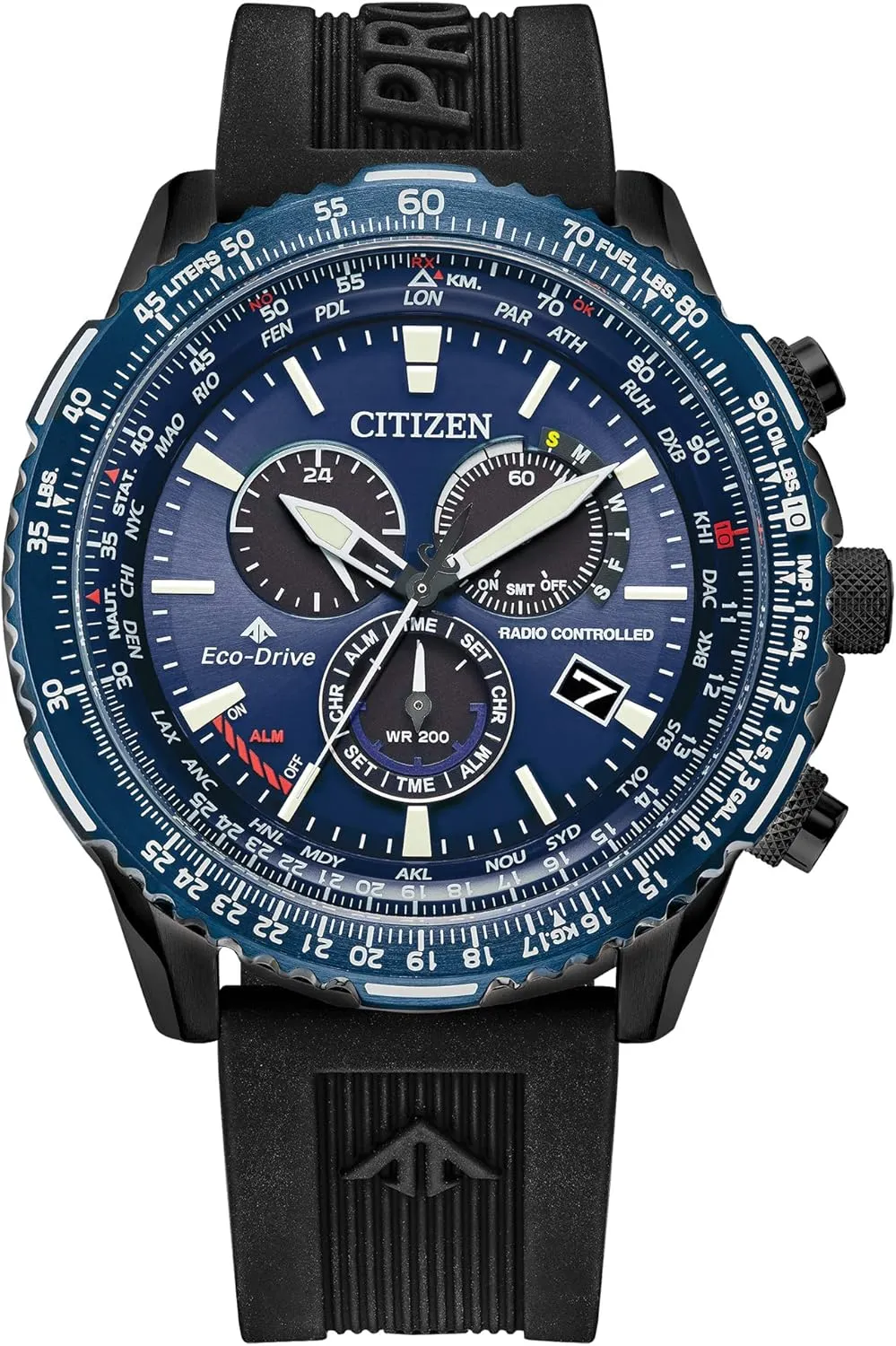 Citizen Eco-Drive Pilot Chronograph Watch with Atomic Timekeeping, 12/24HR, Power Reserve, Luminous Hands/Markers, Sapphire Crystal, Black/Blue
