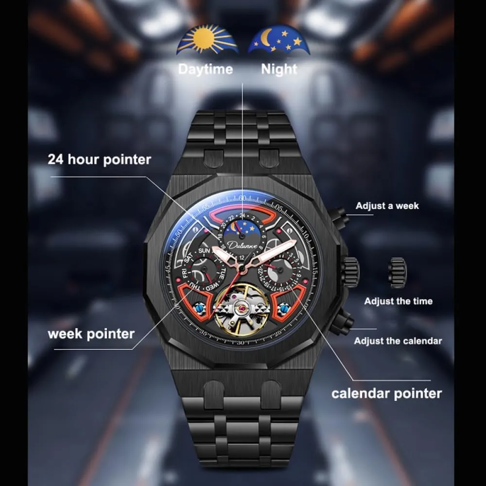 Color Collision Men Skeleton Tourbillon Automatic Mechanical Watches Multifunction Moon Phase Week Date Display Watch Stainless Steel/Rubber Strap Luminous Sports Wristwatches
