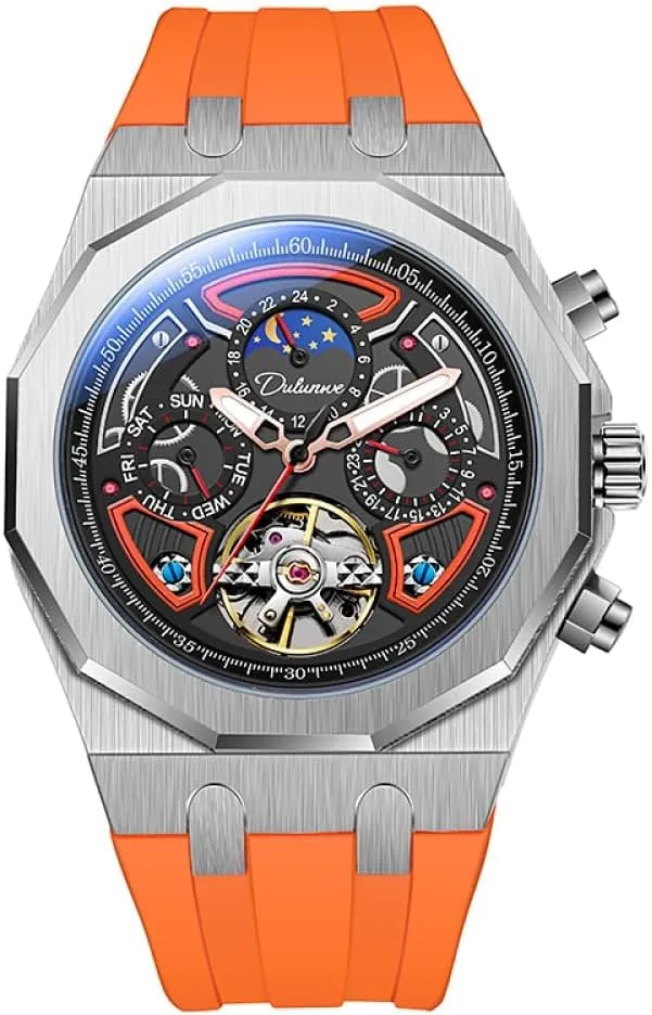 Color Collision Men Skeleton Tourbillon Automatic Mechanical Watches Multifunction Moon Phase Week Date Display Watch Stainless Steel/Rubber Strap Luminous Sports Wristwatches