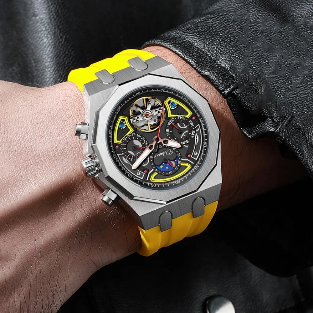 Color Collision Men Skeleton Tourbillon Automatic Mechanical Watches Multifunction Moon Phase Week Date Display Watch Stainless Steel/Rubber Strap Luminous Sports Wristwatches