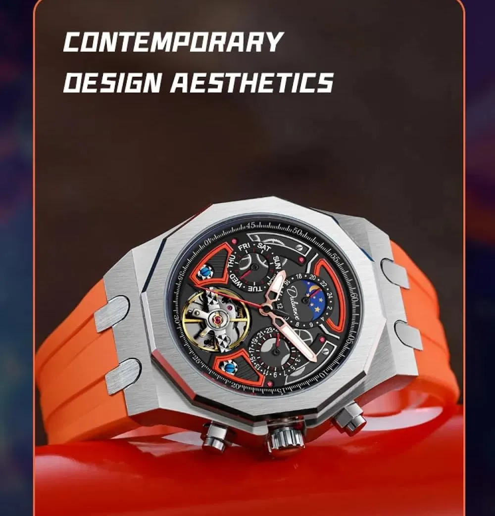 Color Collision Men Skeleton Tourbillon Automatic Mechanical Watches Multifunction Moon Phase Week Date Display Watch Stainless Steel/Rubber Strap Luminous Sports Wristwatches