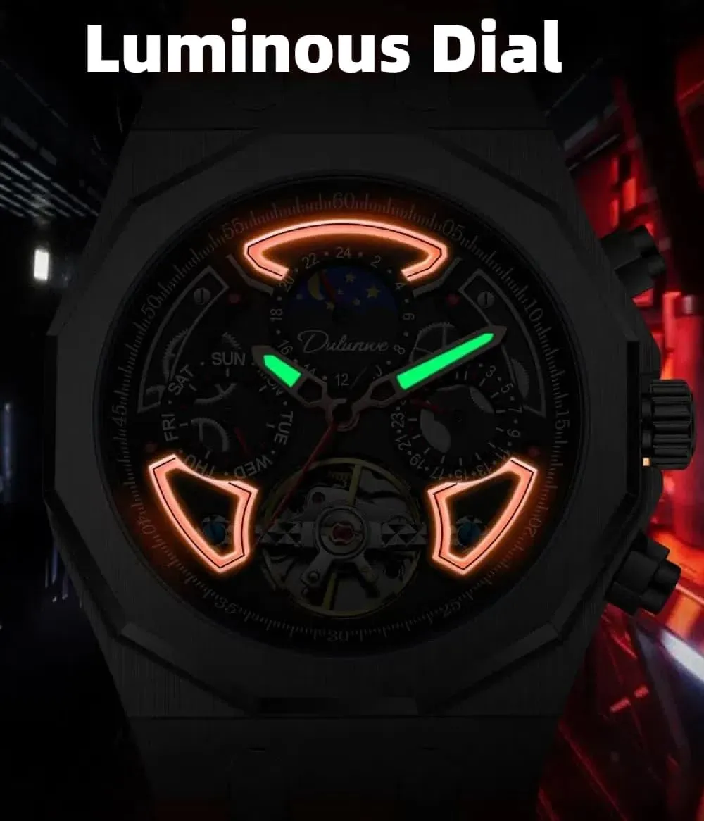 Color Collision Men Skeleton Tourbillon Automatic Mechanical Watches Multifunction Moon Phase Week Date Display Watch Stainless Steel/Rubber Strap Luminous Sports Wristwatches