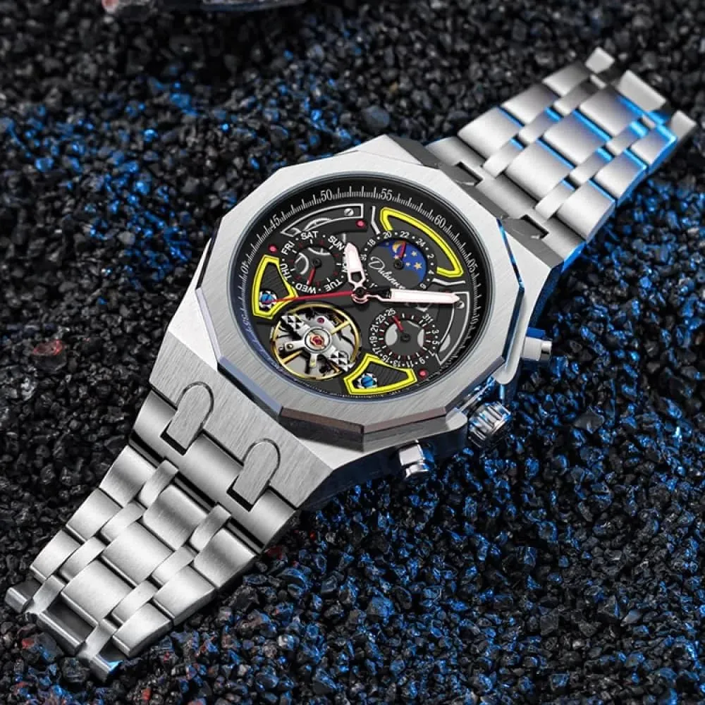 Color Collision Men Skeleton Tourbillon Automatic Mechanical Watches Multifunction Moon Phase Week Date Display Watch Stainless Steel/Rubber Strap Luminous Sports Wristwatches