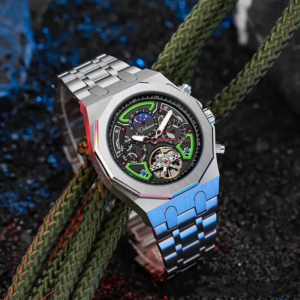 Color Collision Men Skeleton Tourbillon Automatic Mechanical Watches Multifunction Moon Phase Week Date Display Watch Stainless Steel/Rubber Strap Luminous Sports Wristwatches