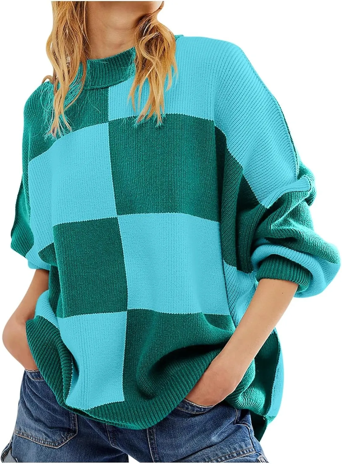 Colorblock Long Sleeve Plus Size Sweaters for Women Lantern Long Sleeve Crew Neck Loose Casual Sweater Trendy Cute Tops