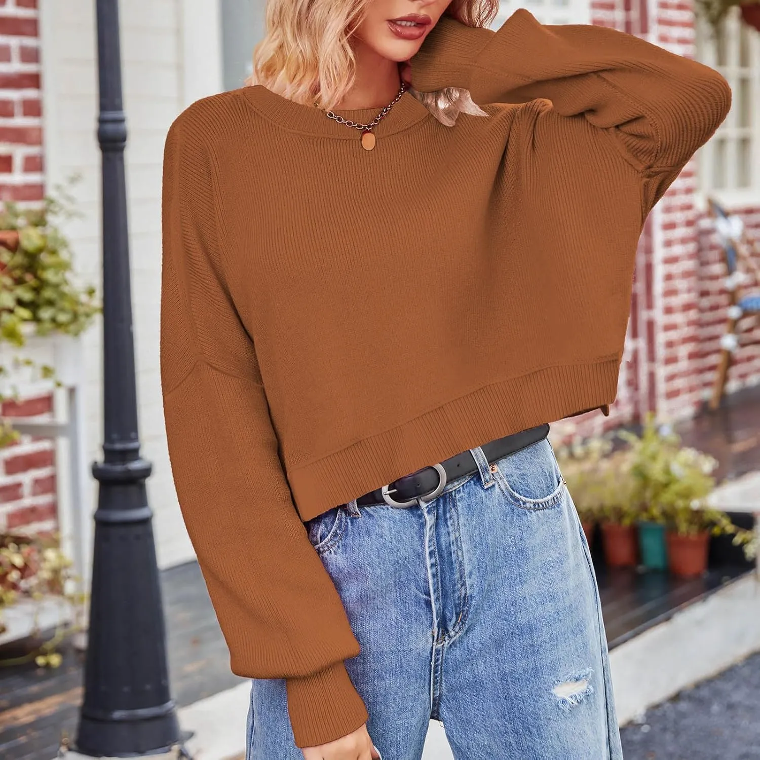 Cropped Casual Knit Pullover Sweaters for Women Oversize Long Sleeve Side Split Fashion Trendy Sweater Fall Knitted Tops