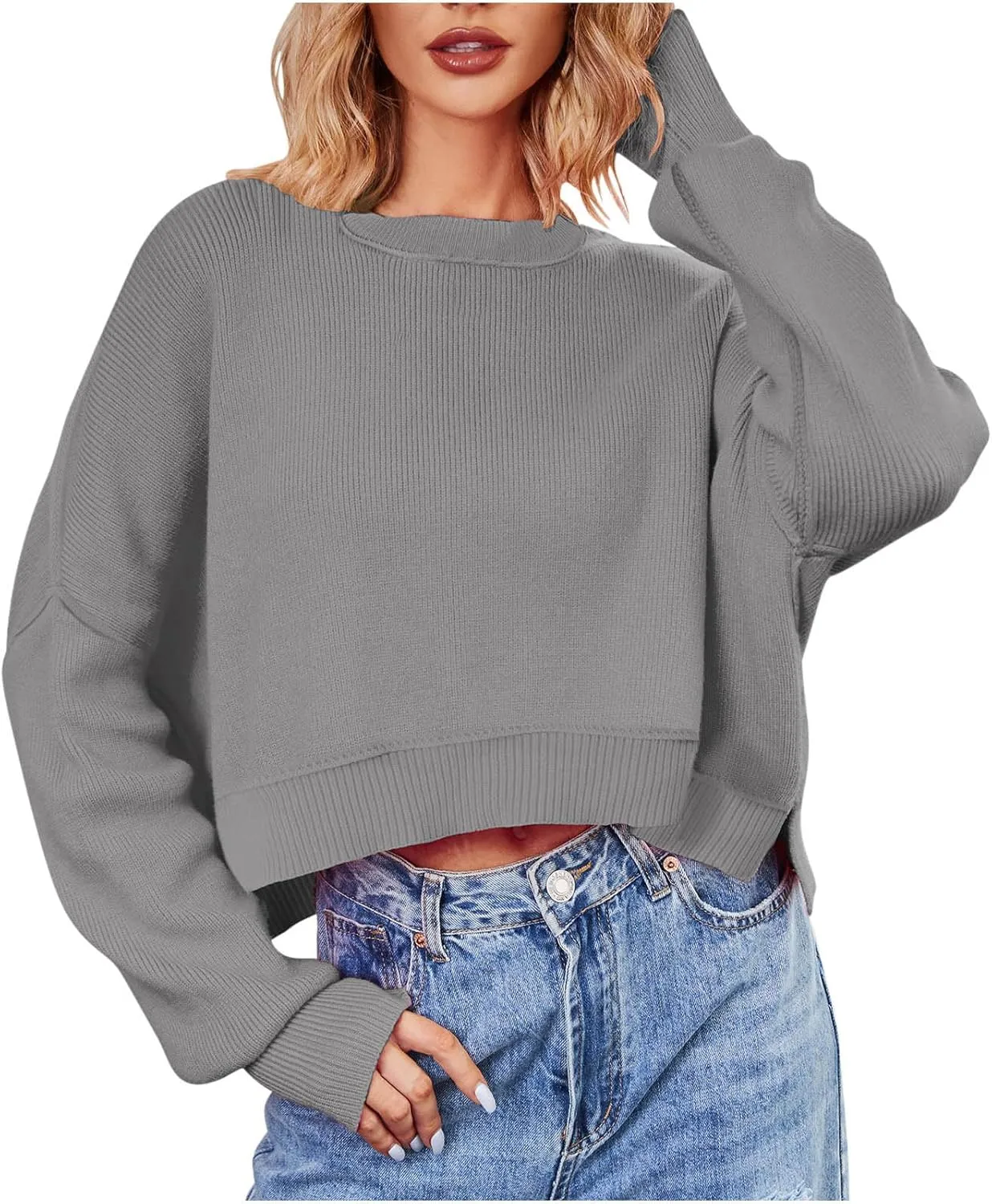 Cropped Casual Knit Pullover Sweaters for Women Oversize Long Sleeve Side Split Fashion Trendy Sweater Fall Knitted Tops