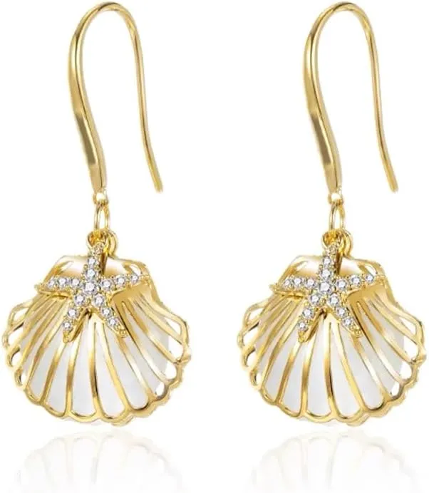 Cute Pearl Seashell Starfish CZ Gold Plated Dangle Drop Earrings for Women Dainty Ocean Charm Dangling Hypoallergenic Lightweight Beach Summer Holiday Fashion Jewelry Gift