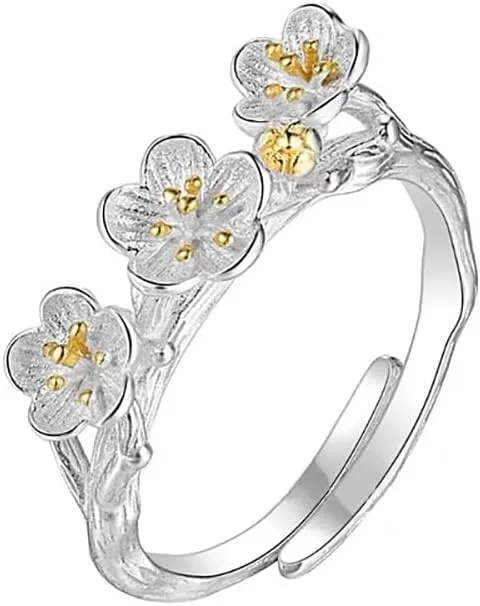 Dainty Cherry Blossom Adjustable Statement Ring for Women Silver Plated Cute Sweet Flower Open Band Knuckle Finger Rings Exquisite Floral Wedding Promise Engagement Birthday Jewelry Gift Comfort Fit
