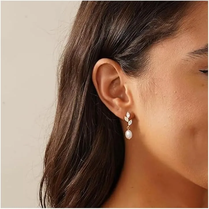 Dainty Gold Pearl Earrings for Women, Trendy 14k Gold Filled Freshwater CZ Leaf Bow Pearl Dangle Drop Earrings Lightweight Hypoallergenic Bridesmaid Stud Earring Wedding Jewelry for Women Gifts