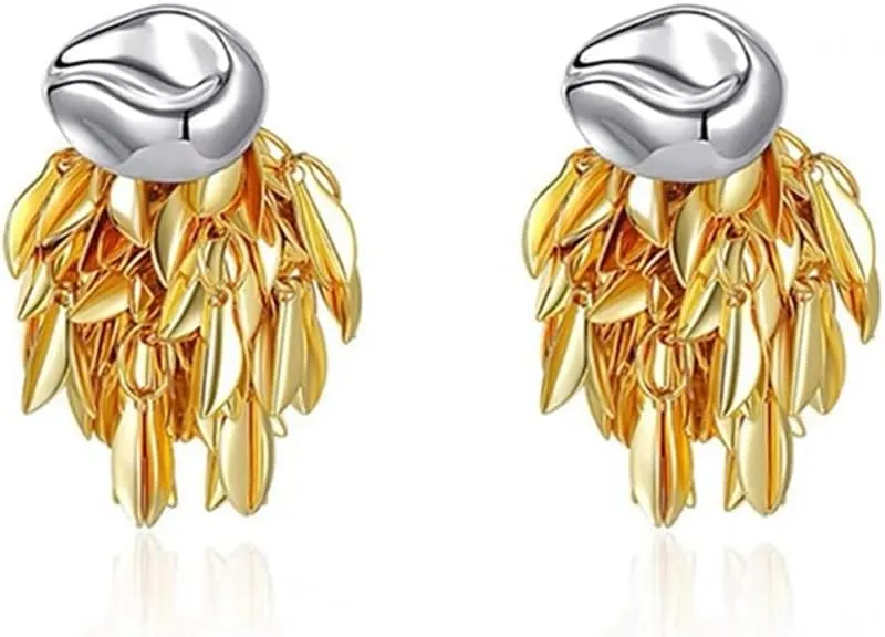 Dainty Two-Tone 2-in-1 Stud & Dangle Earrings with Detachable Leaf Tassels - Gold & Silver Lightweight Jewelry