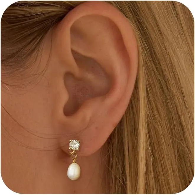 Dangle Earrings for Women,Trendy Pearl Earrings 14k Gold Plated Hypoallergenic Pearl Drop Earrings Dangling Cute Pearl Earrings for Women Dainty Gold Bridal Earrings Wedding Jewelry