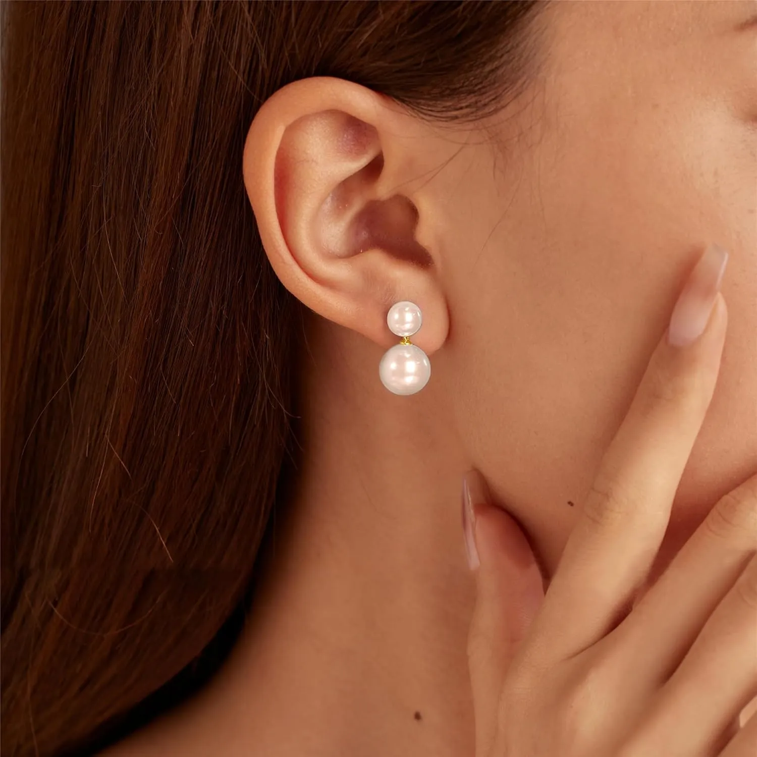 Double Bead Pearl Earrings for Women 925 Sterling Silver Gold Big Pearl Lightweight Ball Stud Earrings Trendy Dangle Drop Earring Bridal Wedding Jewelry Birthday Christmas Gift for Her