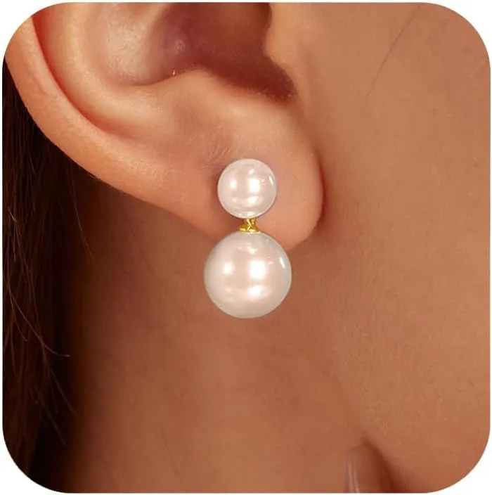 Double Bead Pearl Earrings for Women 925 Sterling Silver Gold Big Pearl Lightweight Ball Stud Earrings Trendy Dangle Drop Earring Bridal Wedding Jewelry Birthday Christmas Gift for Her