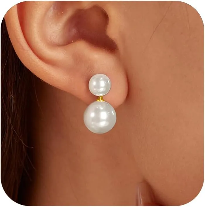 Double Bead Pearl Earrings for Women 925 Sterling Silver Gold Big Pearl Lightweight Ball Stud Earrings Trendy Dangle Drop Earring Bridal Wedding Jewelry Birthday Christmas Gift for Her