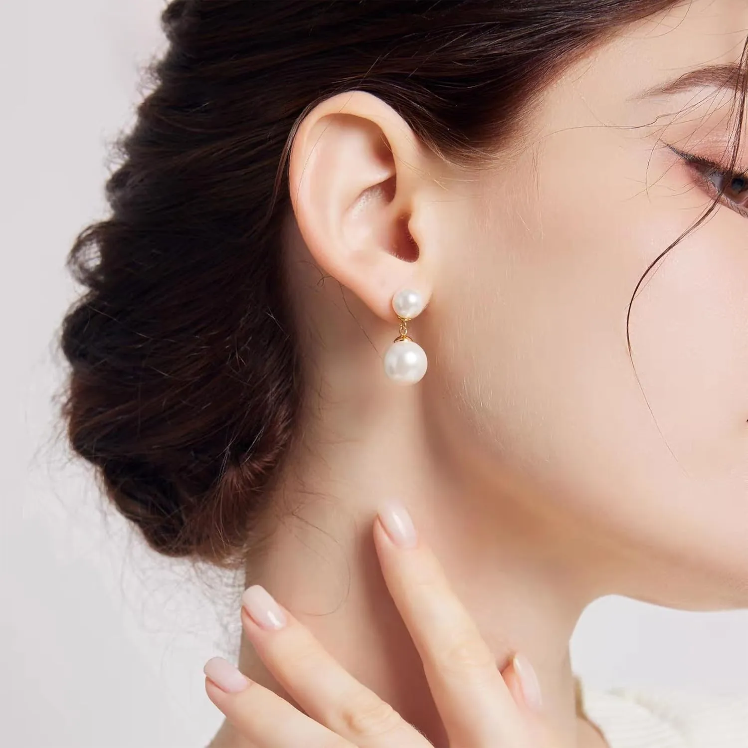 Double Bead Pearl Earrings for Women 925 Sterling Silver Gold Big Pearl Lightweight Ball Stud Earrings Trendy Dangle Drop Earring Bridal Wedding Jewelry Birthday Christmas Gift for Her
