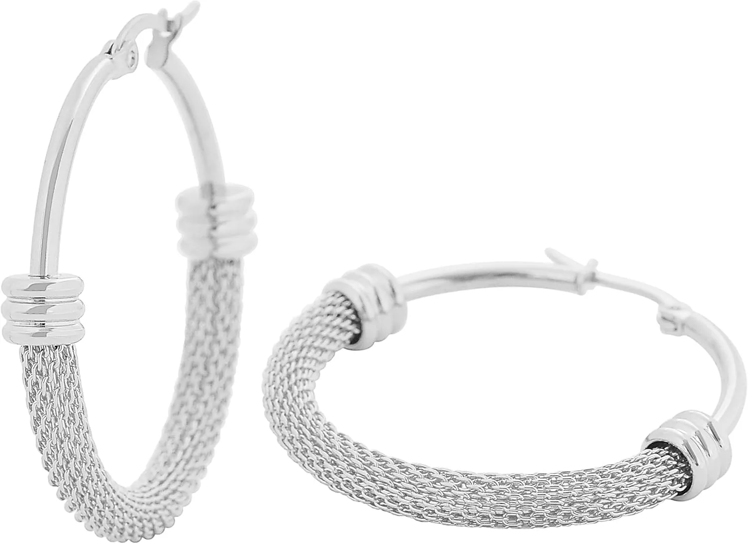 Edforce Women's Stainless Steel Half Hoop Half Mesh Link Hoop Earrings (28mm-40mm)