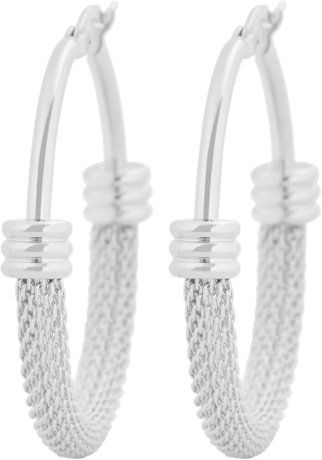 Edforce Women's Stainless Steel Half Hoop Half Mesh Link Hoop Earrings (28mm-40mm)