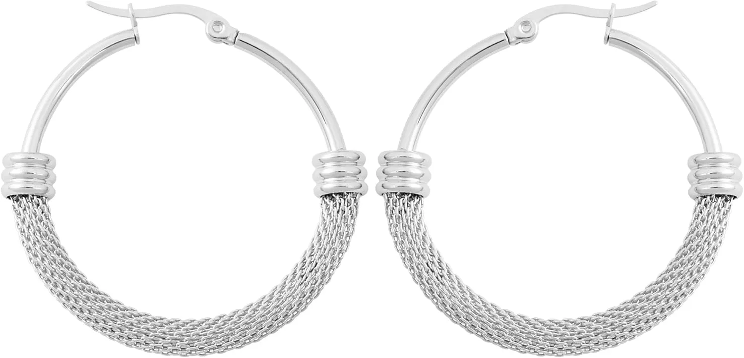 Edforce Women's Stainless Steel Half Hoop Half Mesh Link Hoop Earrings (28mm-40mm)