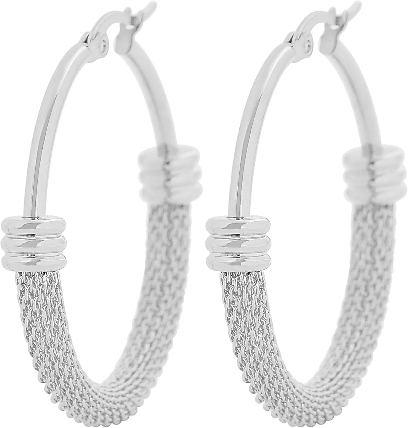 Edforce Women's Stainless Steel Half Hoop Half Mesh Link Hoop Earrings (28mm-40mm)