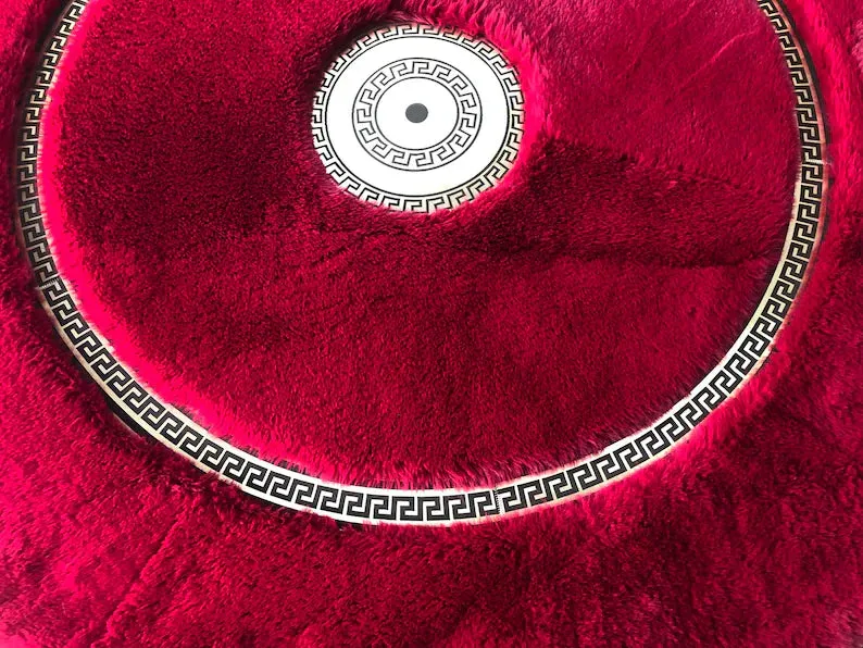 Elegant Gold and Red Faux fur Round Rug, Handmade Plush Area Rug